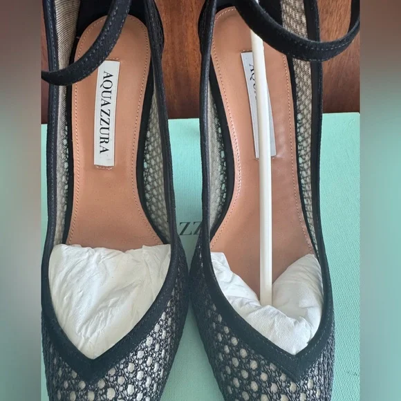 Aquazzura Asha Mesh Leather Pump 85 Black Heels – Size 37 – NIB - Picture 3 of 12